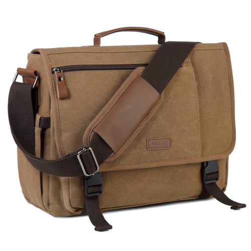 VASCHY メッセンジャーバッグ メンズ, ショルダーバッグ 帆布 15.6インチPCバッグ A4 大容量 19つポケット 斜め掛けバッグ 通勤 通学 旅行 出張 キャンバス ビジネスバッグ ハンドル付き カーキ