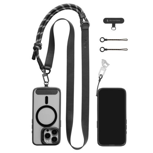 [SMALLRIG] スマホショルダーストラップ 調節可能なネックストラップ/クロスボディストラップ あらゆるスマートフォンに対応 高級レザー＆ナイロン製 鍵やアクセサリー用フック内蔵 iPhone/Samsung対応 ブラック 4989