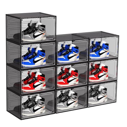 Findbetter シューズボックス 10個セット大容量収納展示ボックス 透明磁石開閉扉スニーカーボックス 小物模型収納ケース 靴ケース 收?靴箱 男女兼用シューズケース 玄関靴棚 組立て式 透明扉付き 10個セット クリア×ブラック