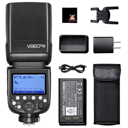 GODOX V860III-N i-TTLカメラフラッシュマスタースレーブスピードライト1 / 8000s HSS GN60 2600mAh充電式バッテリースピードライトNikon D3400 D5300 D7000 D750と互換性があり、モデリングライト、クイックリリースロック