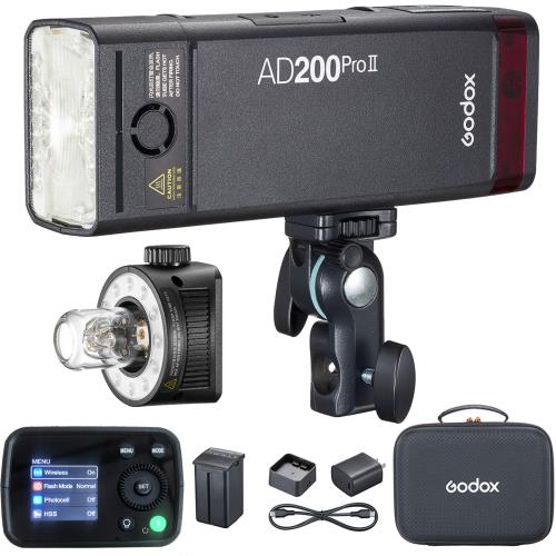 Godox AD200Pro II 写真機閃光電球 TTL HSS 1/8000s 繰り上げる評点された閃光電球頭顱 デュアル色気温モデリング点火装置 200Ws 1/1-1/256の最終生産物合わせる 独居室付き添い人