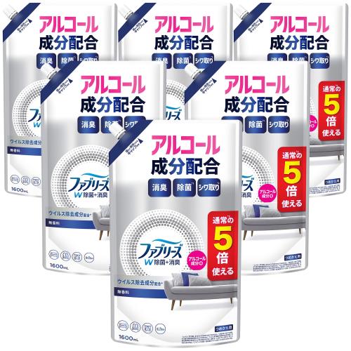 ファブリーズ W除菌+消臭スプレー 衣類・布製品用 無香料 アルコール成分配合 詰め替え 5回分/1600mLｘ6袋 [ケース品]