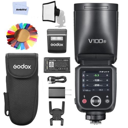 GodoxGodox V100S V100-S 100Ws ラウンドヘッドカメラフラッシュスピードライト、外部フラッシュ付き 2.4G ワイヤレス、フルパワーフラッシュ 400 回、リサイクル時間 1.7 秒、1/8000 HSS、10 レベル LED モデリングランプ、Sony カメラ用 TTL タッチスクリーン (Godox V1 Pr