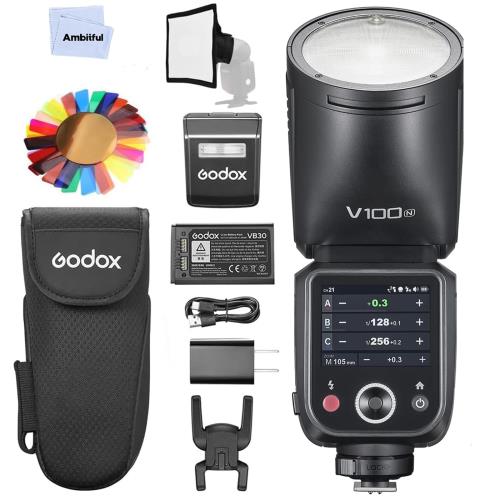 GodoxGodox V100N V100-N 100Ws ラウンドヘッドカメラフラッシュスピードライト、外の方閃光電球付き添い人 2.4G 無線電話、フルパワーフラッシュ 400 回、再利用第四次元 1.7 秒、1/8000 HSS、10 気泡管水準器 LED モデリング照明ランプ、Nikon 写真機用 TTL タッチスクリーン (Godox V1 P
