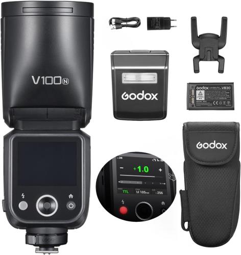 GodoxGodox V100N V100-N 100Ws TTL タッチスクリーン ラウンドヘッドカメラフラッシュスピードライト、NIKONカメラ用 2.4G ワイヤレス、フルパワーフラッシュ 400 回、リサイクル時間 1.7 秒、1/8000 HSS、10 レベル LED モデリングランプ