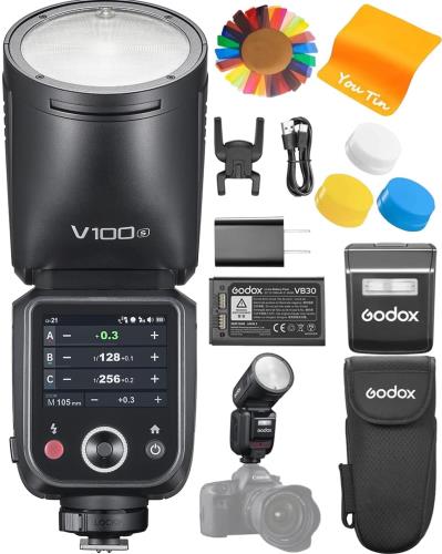 GODOXGodox V100-S V100S TTL 写真機閃光電球 (Sony 用)、Godox V1Pro-S 繰り上げる評点版、100ws ラウンドヘッドフラッシュ (OLED 映写幕および SU-1 付き添い人)、2.4G HSS 1/8000S イオン 7.2V/2980mah、Godox V100S (Sony 写真機用)