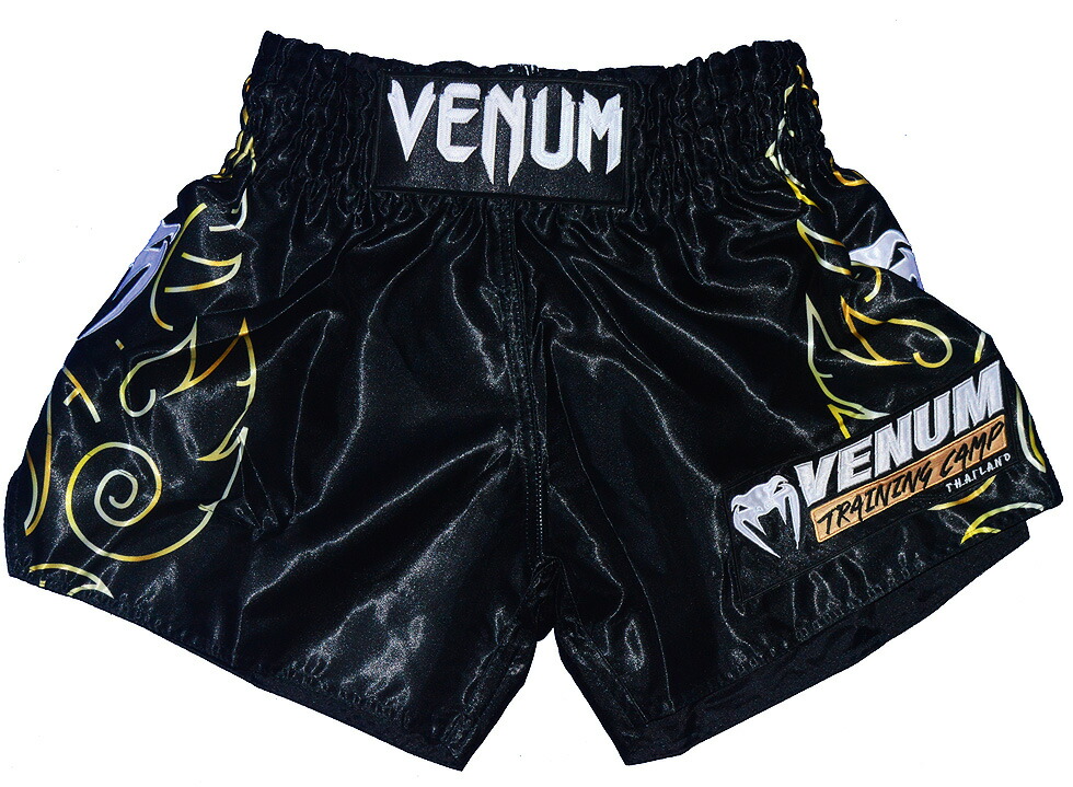 VENUM VTC Flames ムエタイショーツ 黒いこと 速乾 軽さ 側面細長い切口 蹴りつけるズボン下 メンズ レディース 形づくる/力くらべ XS～XL