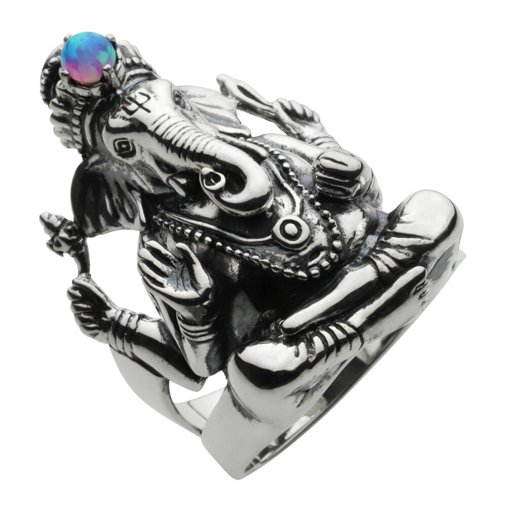 【FIGMART】 FIG-fr0202 ガネーシャ リング オパール シルバー925 シルバーアクセサリー 純銀 リング ガネーシャ 象 神様 ヒンドゥー教 オパール 守護 厄除け エスニック オリエンタル インド ゾウ 燻し加工 高浮き彫り 彫金 ハード バイカー 中指 人差し指