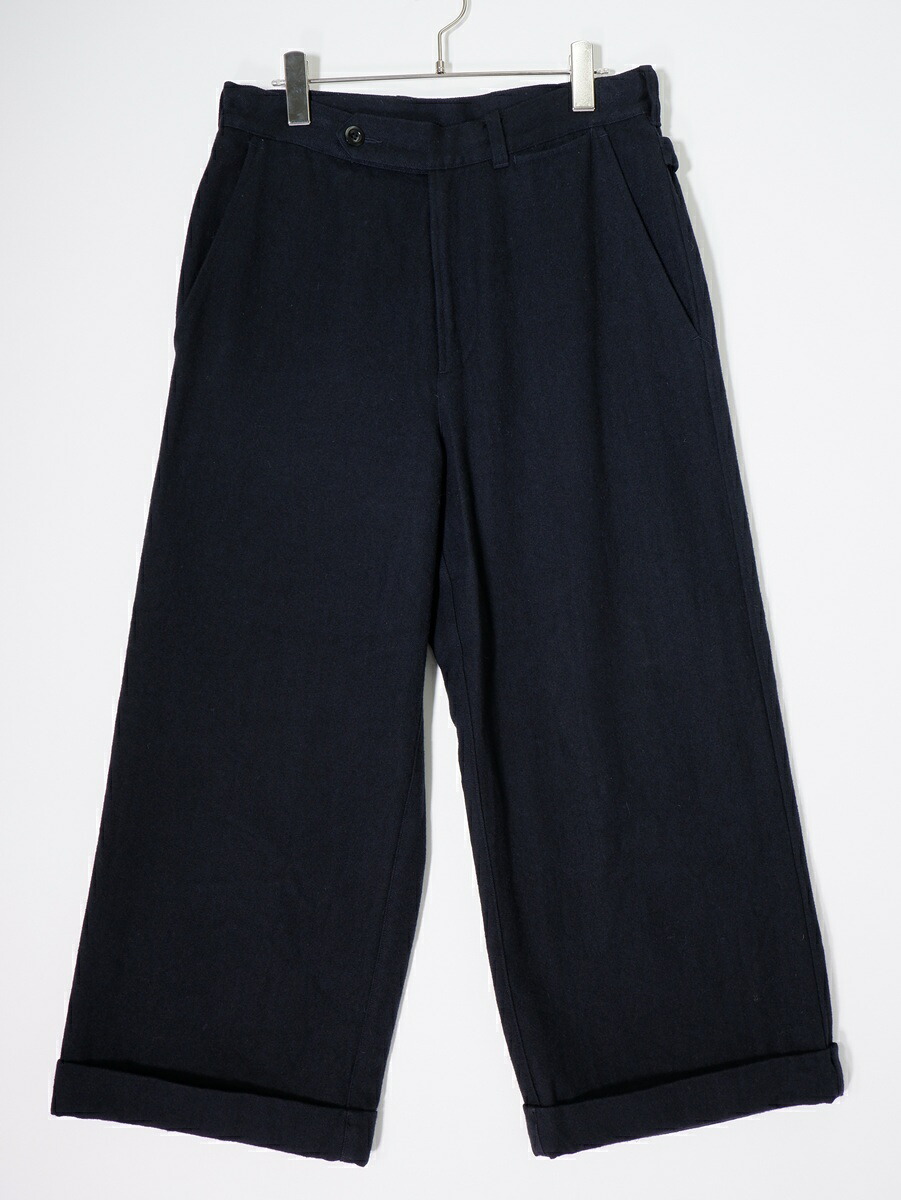 MHL.エムエイチエルMARGARET HOWELLマーガレットハウエル WOOL COTTON DRILL TROUSERSウールコットントラウザーズ クロップドワイドパンツ【LPTA80313】【ネイビー】【3】【中古】【沖縄.離島以外 送料無料】【DM251230】