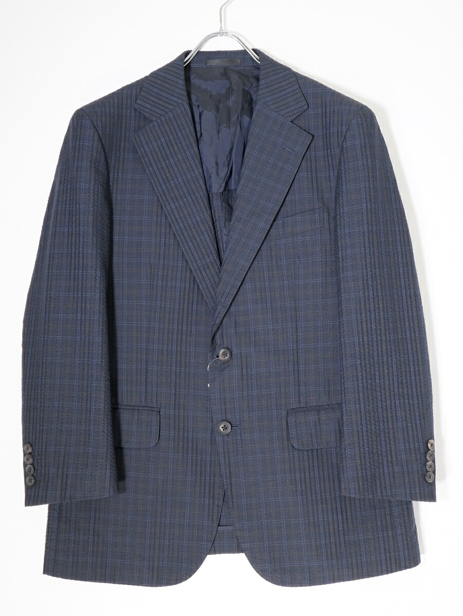 BURBERRY LONDONバーバリーロンドン 高級ウールシルク混シアサッカー チェック水牛ボタンジャケット【MJKA71133】【ネイビー】【94-84-165 AB4】【中古】【沖縄.離島以外 送料無料】【DM230404】｜ブランド古着の買取販売 渋谷FILT