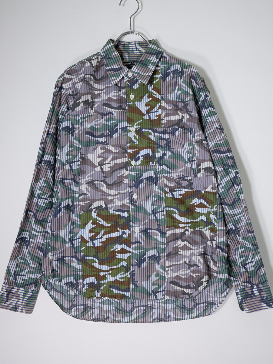 COMME des GARCONS HOMME DEUXコムデギャルソンオムドゥ カモフラ迷彩プリント フロントパッチワーク ストライプ長袖シャツ【MSHA79839】【マルチ】【XXS】【中古】【沖縄.離島以外 送料無料】【DM251104】|ブランド古着の買取販売 渋谷FILT