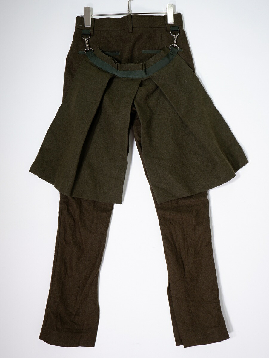 sacaiサカイ Trousers with removable panel 前垂れ付き添い人ウールメルトンパンツ【LPTA80645】【カーキ】【0】【中古】【沖縄.離島以外 貨物輸送無料】【DM260113 】