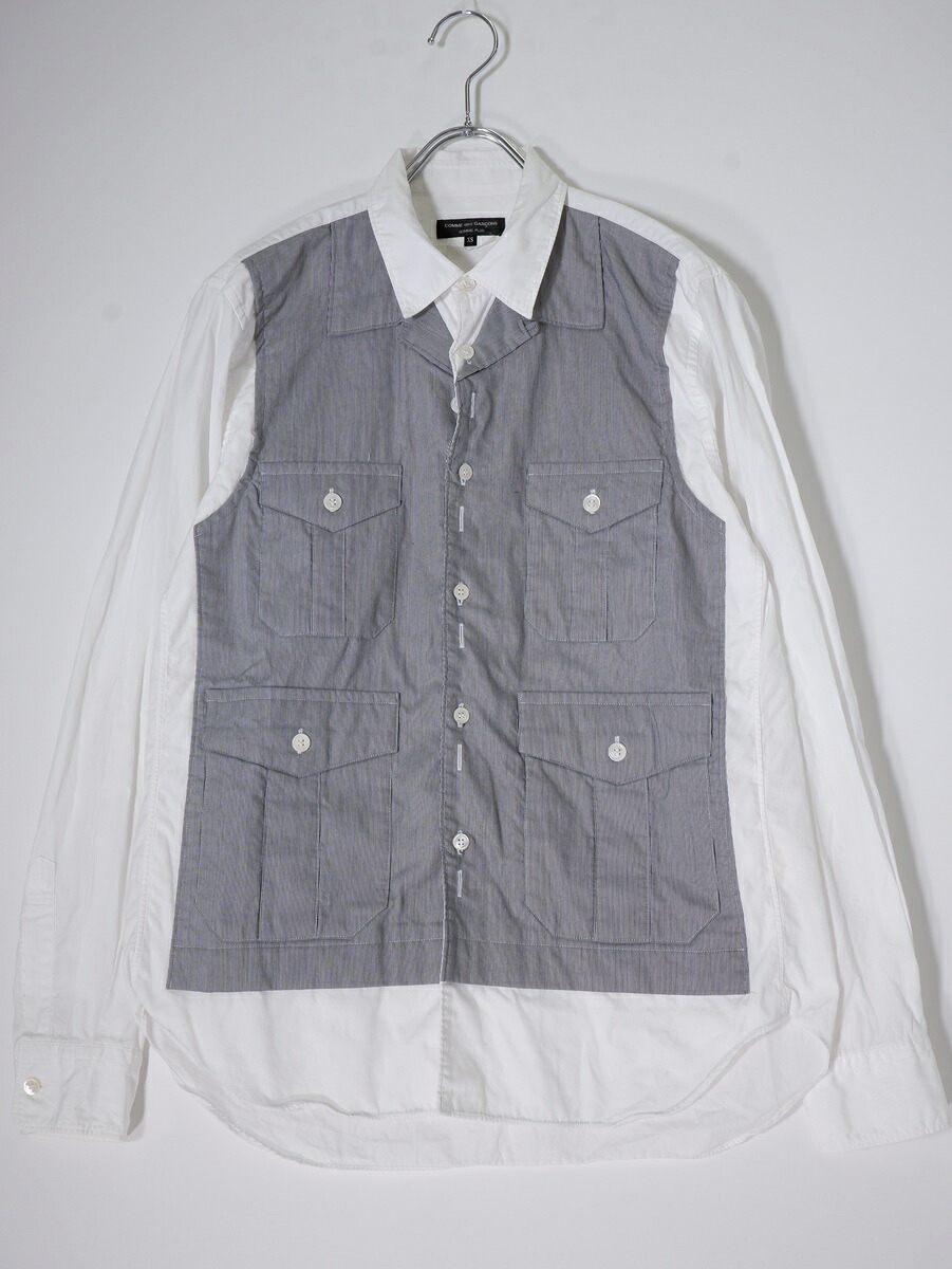 COMME des GARONS HOMME PLUSコムデギャルソン オム プリュス ファッションイリュージョン期 ドッキングデザイン長袖シャツ【MSHA78452】【白|グレー】【XS】【中古】【沖縄.離島以外 送料無料】【DM250603】