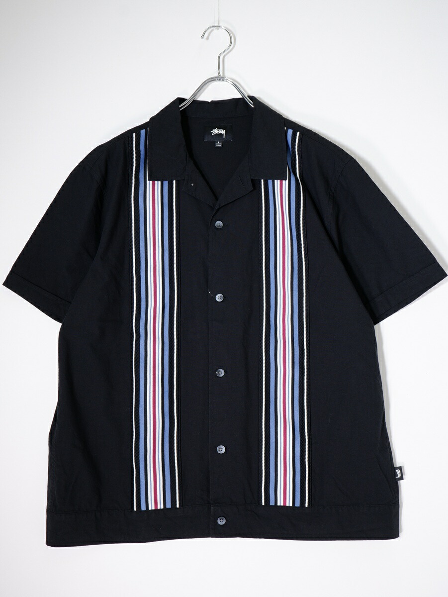 【百貨店SALE継続期間中尖んがり5倍!】STUSSYステューシー Striped Knit Panel Shirt半袖縞模様 編み物ダイアログボックス プルオーバー【MSHA81861】【黒いこと】【L】【中古】【沖縄.離島以外 貨物輸送無料】【DM260519】
