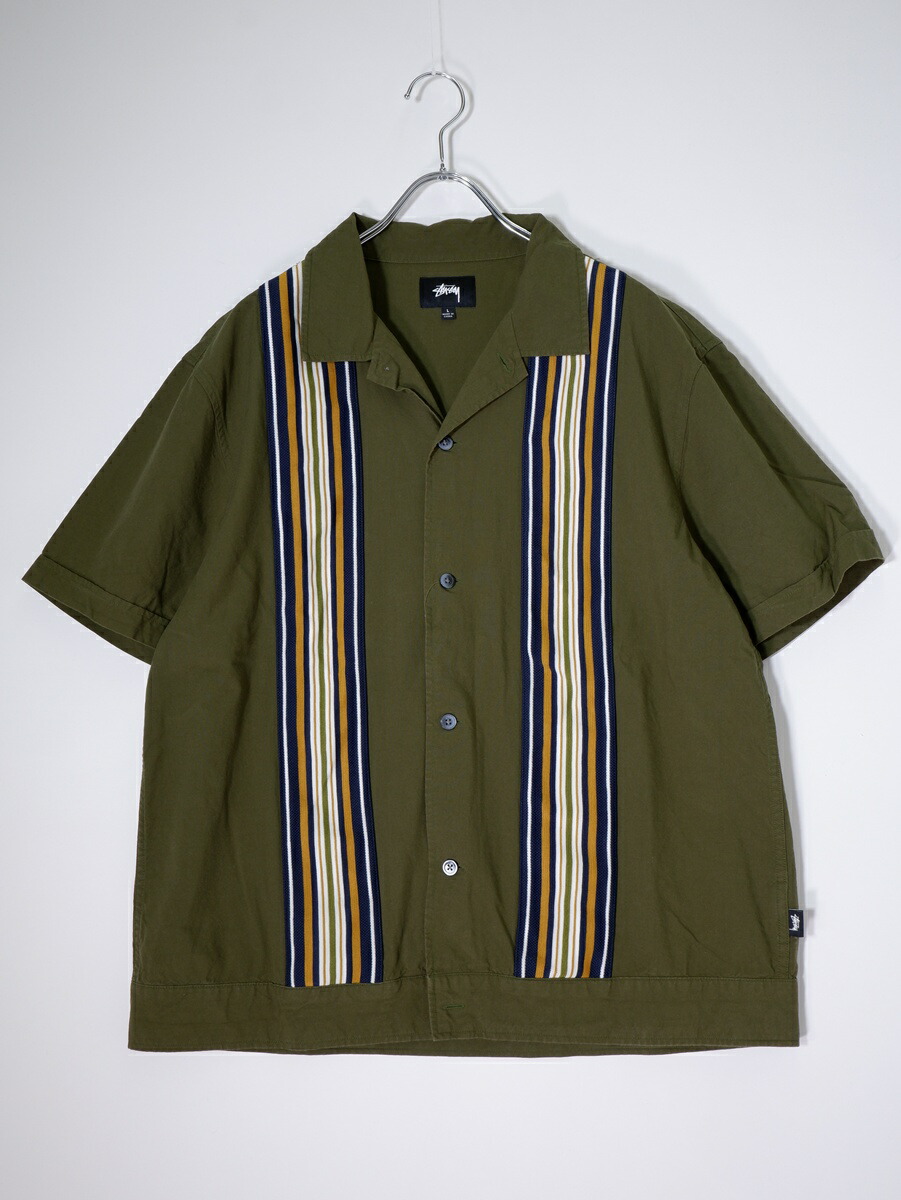 【百貨店SALE継続期間中尖んがり5倍!】STUSSYステューシー Striped Knit Panel Shirt半袖縞模様 編み物ダイアログボックス プルオーバー【MSHA81862】【カーキ】【L】【中古】【沖縄.離島以外 貨物輸送無料】【DM260519】