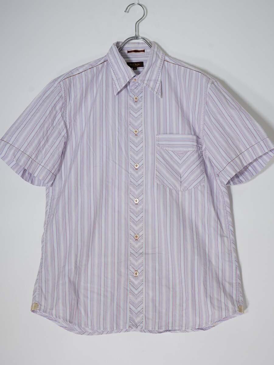 Paul Smith Collectionポールスミス コレクション ハンドステッチ マルチストライプ コットン半袖シャツ【MSHA75672】【白|赤紫系マルチ】【M】【中古】【沖縄.離島以外 送料無料】【DM240731】