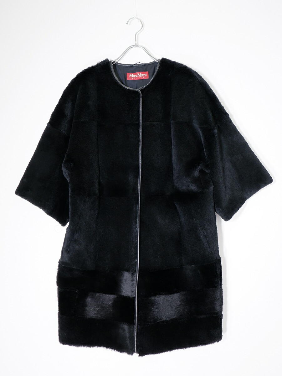 Max Mara Studioマックスマーラ ストゥーディオ ラパンファー獣の皮 レザーパイピングノーカラーコート【LCTA80277】【黒いこと】【36】【中古】【沖縄.離島以外 貨物輸送無料】【DM251209】