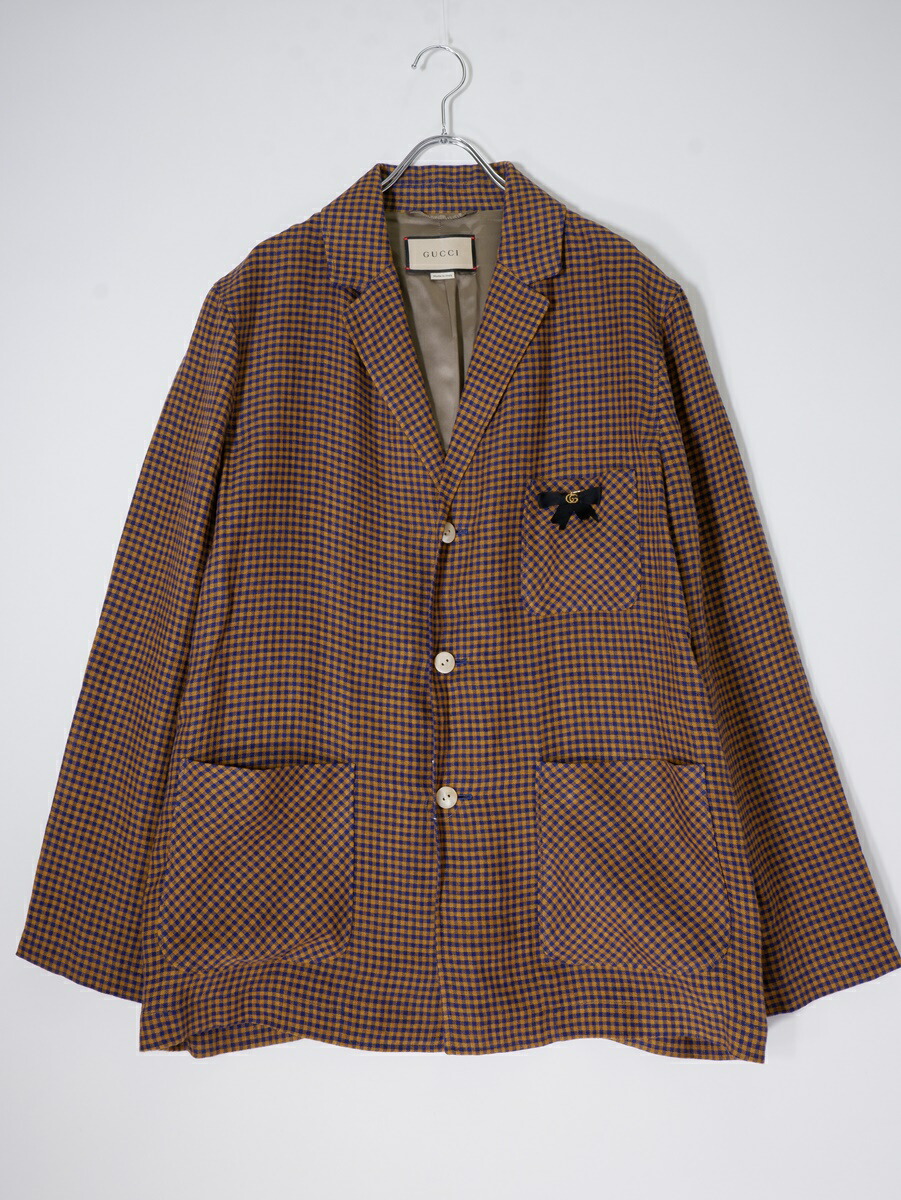 GUCCIグッチ 2021AW GGロゴリボン ミニチェックシングルブレスト リネンジャケット【MJKA76583】【ネイビ|オレンジ】【50】【中古】【沖縄.離島以外 送料無料】【DM250218】
