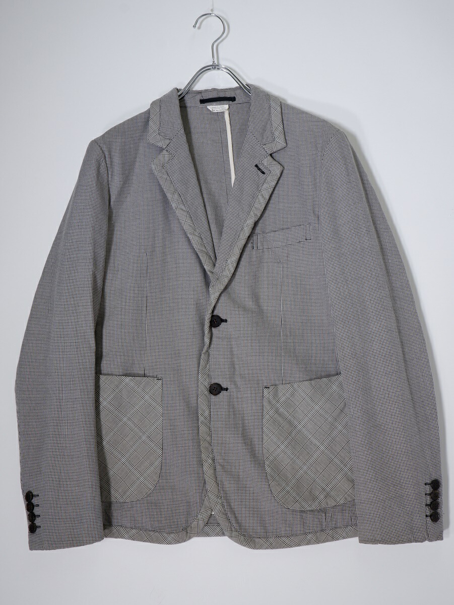 COMME des GARCONS HOMME DEUXコムデギャルソンオムドゥ 特殊加工コットンウールシルク グレンチェック切替ハウンドトゥースジャケット【MJKA79284】【グレー系】【XS】【中古】【沖縄.離島以外 送料無料】【DM250826】