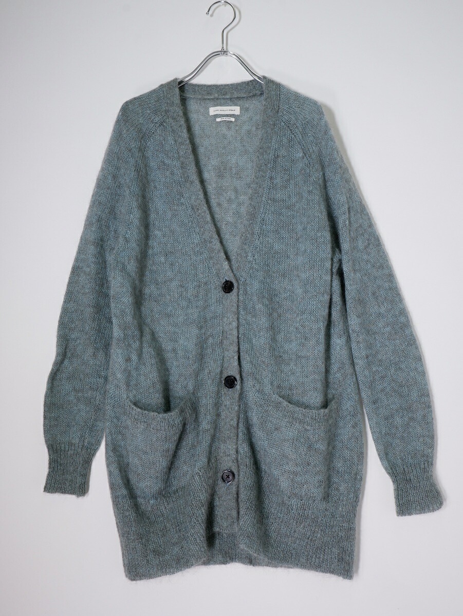 ISABEL MARANT ETOILEイザベルマラン エトワール キッドモヘアウール ロングニットカーディガン【LKNA80793】【ターコイズ|グレー】【34】【中古】【沖縄.離島以外 送料無料】【DM260127】