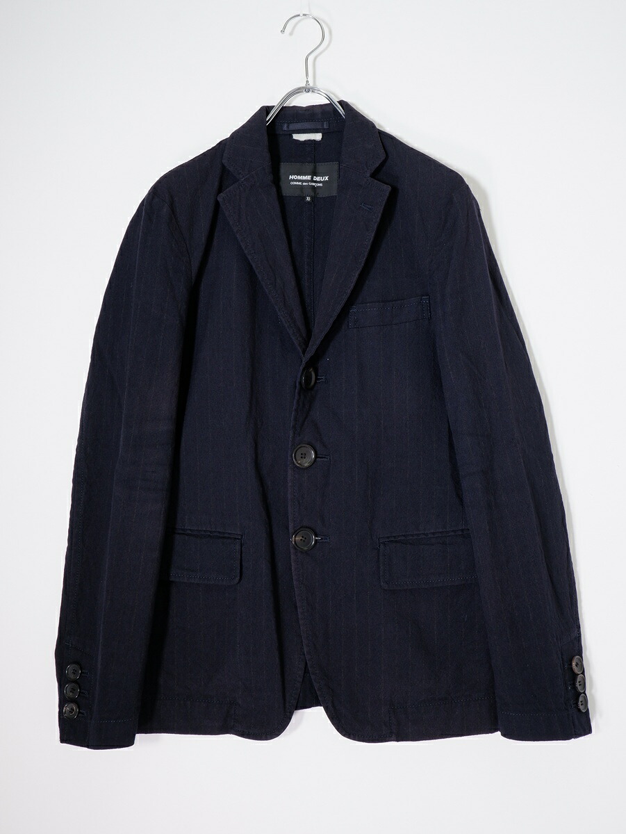 COMME des GARCONS HOMME DEUXコムデギャルソンオムドゥ 毛糸綿織物 目明かし名取り草 ピン縞模様3Bテーラードジャケット【MJKA81395】【米国海軍】【XS】【中古】【沖縄.離島以外 貨物輸送無料】【DM260407】