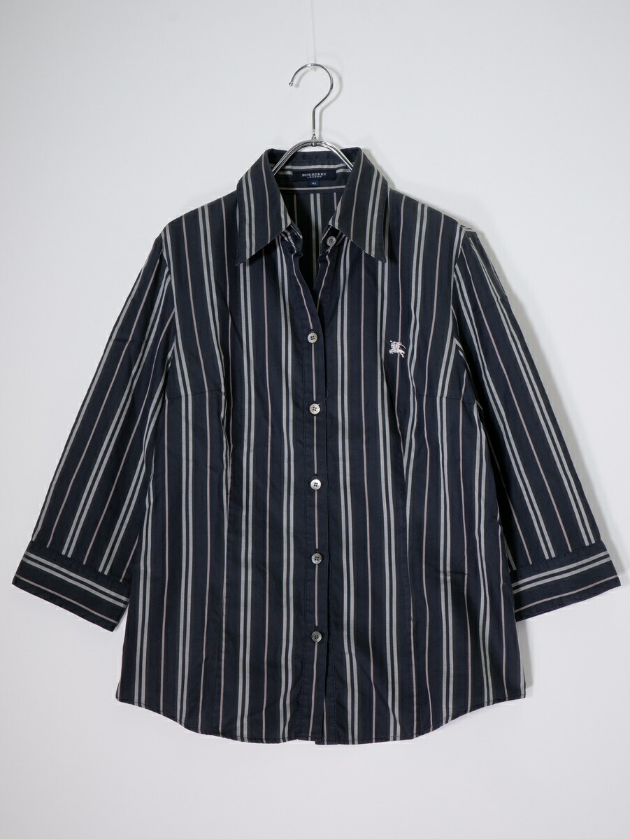 【百貨店SALE継続期間中尖んがり5倍!】BURBERRY LONDONバーバリー 英国の首都 導管見澄ます刺しゅう マルチ縞模様 綿織物7分袖プルオーバー【LSHA81897】【濃灰色】【42】【中古】【沖縄.離島以外 貨物輸送無料】【DM260519】