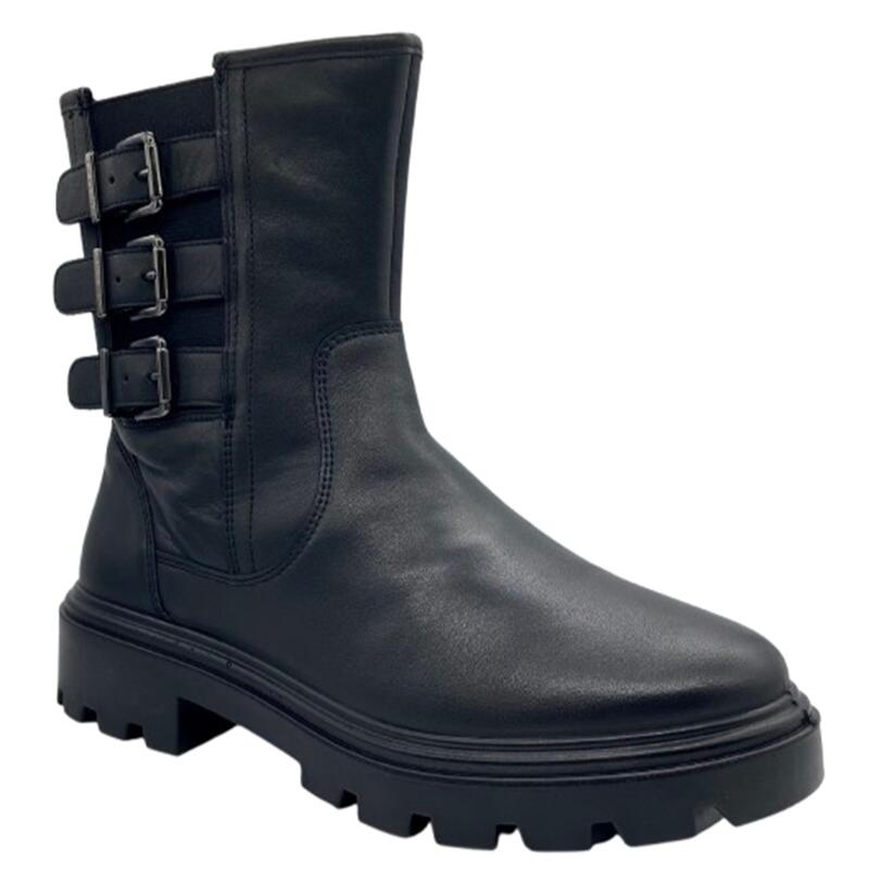 【ara アラ】12-59112 マンチェスター MANCHESTER 01 BLACK ブラック エンジニアブーツ 3連ベルト バックル ミドル丈 内側ファスナー 履きやすい 歩きやすい 疲れにくい 天然皮革 婦人靴 レディース おしゃれ 旅行に トラッド かっこいい トレンド 厚底 フラット