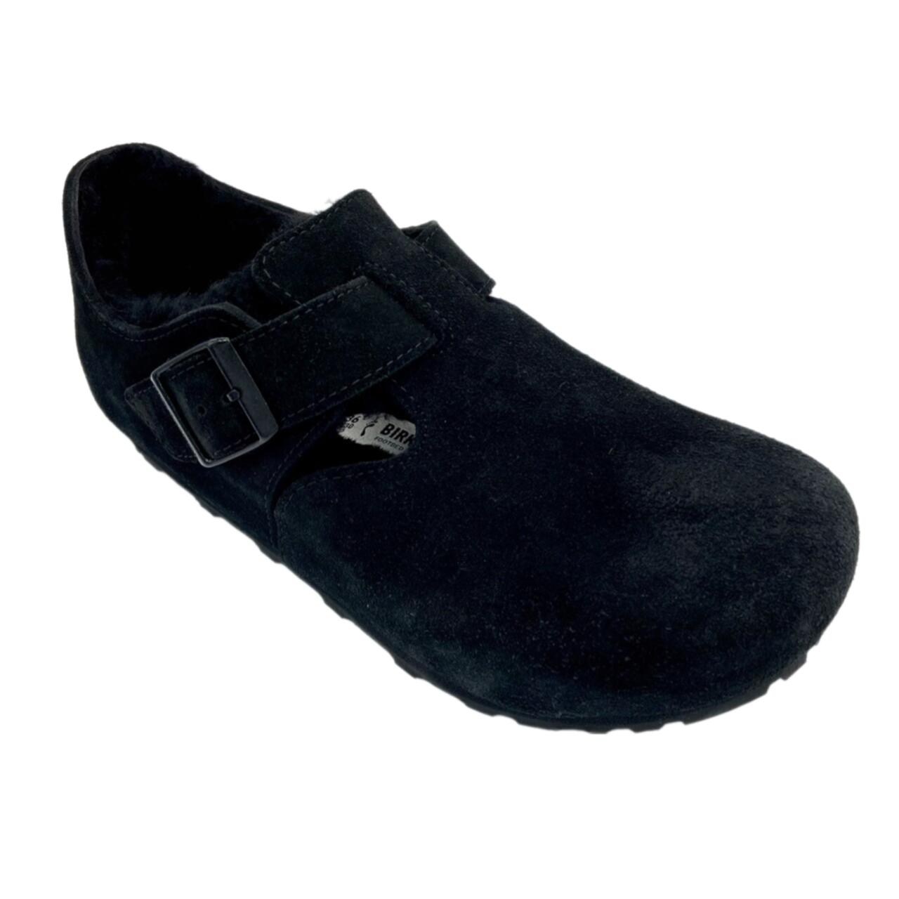 【BIRKENSTOCK ビルケンシュトック】1014961 LONDON Shearling ロンドン シアリング BLACK ブラック スエード ラムスキン ボア コルク ナロー幅 暖かい Xmas クリスマス プレゼントに クロッグ サボ スリッポン かわいい シンプル ナチュラル レディース 婦人靴