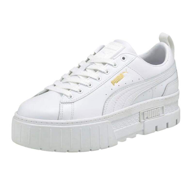 【PUMA プーマ】384209-0 メイズ クラシック スニーカー Puma White ホワイト 厚底 プラットフォーム フラット ボリューム 歩きやすい 疲れにくい スタイルアップ 美脚 脚長 婦人靴 レディース シンプル おしゃれ かわいい かっこいい ゴールド 箔プリント 本革