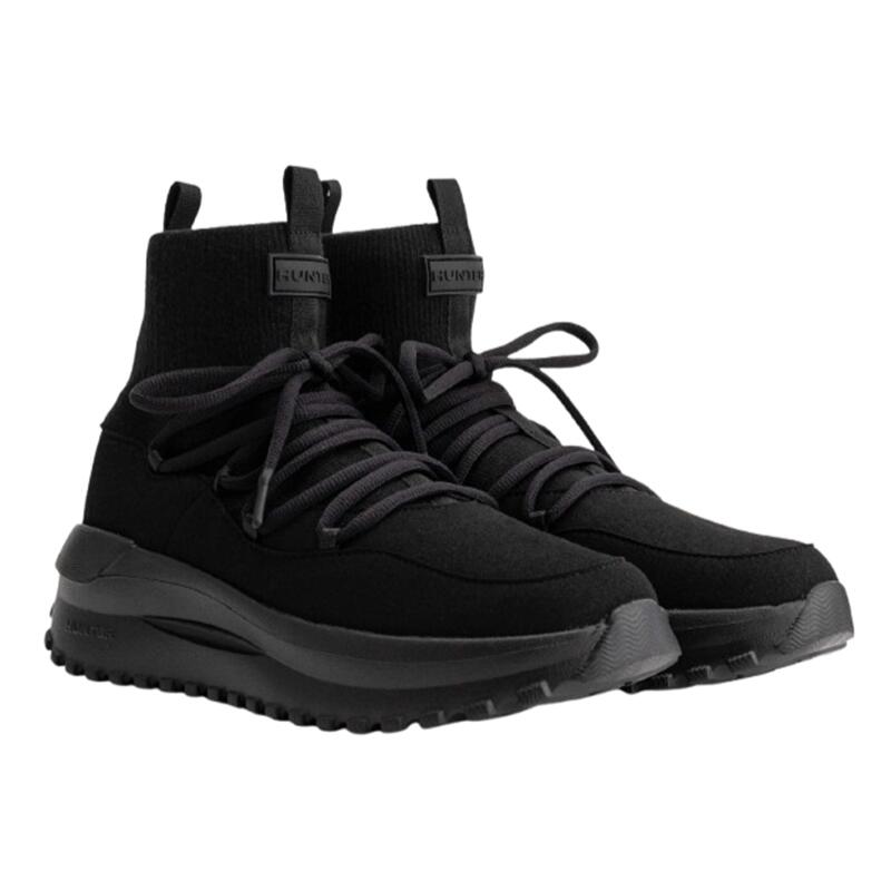 【HUNTER ハンター】 UFS7117REN-BLK トラベル フロー ビーガン スエード ニット レース ブーツ ブラック Draft ソックス ブーツ レースアップ リボン フラット 厚底 レディース 婦人靴 ユニセックス おしゃれ かわいい 秋冬 AW フリース 防寒 撥水