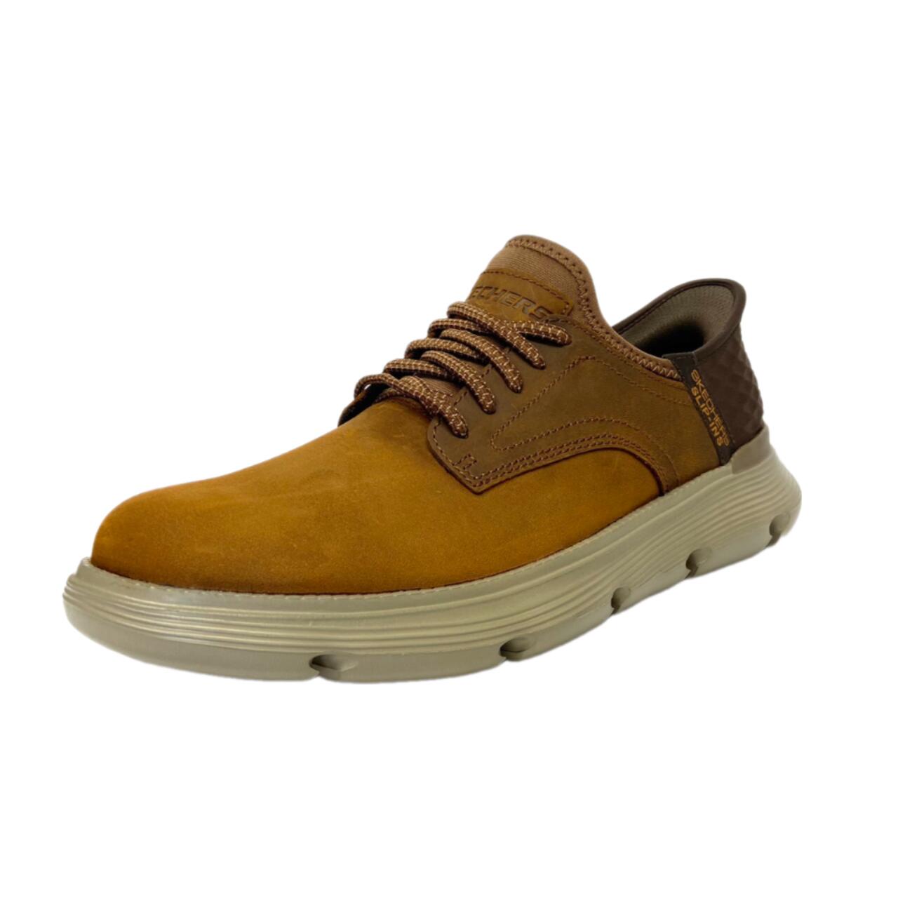 【 SKECHERS スケッチャーズ 】205046 スリップインズ：ガルザ - ガービン<br>CDB ブラウン プレーントゥ レザースニーカー 履きやすい 歩きやすい 疲れにくい 軽量<br>紳士靴 メンズ ビジネス 通勤 おしゃれ シンプル ストレッチレース ゴム紐 2E相当