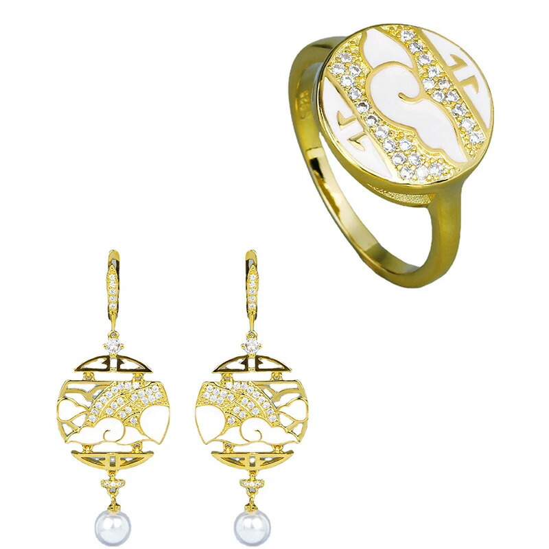 【送料無料】 】 ピアス 指輪 リング ゴールド ビーズ パール レディース クラシック 18K ジュエリー セット クラウド 2 ピース ハンドメイド エナメル ラッキー 記念日 ギフト