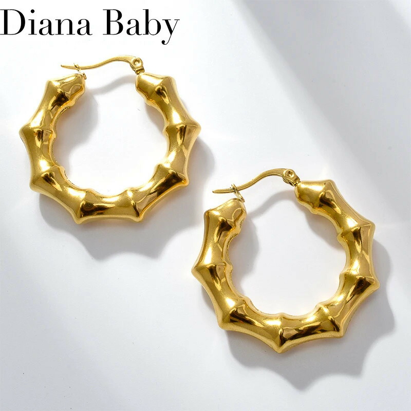 【送料無料】 】 ピアス ステンレス ゴールド ラウンド プラント フープ 植物 レディース スチール 竹 バンブー 4mm 18K プレート 大 誇張 ステートメント ジュエリー ギフト
