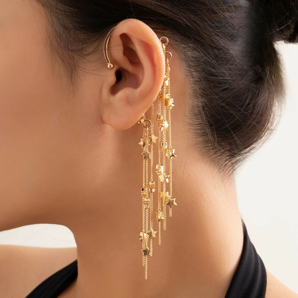 【送料無料】 】 ピアス ロング カブ 星 レディース タッセル スター クリップ 耳 イヤー ボーン カフ 軟骨 絶妙 ジュエリー ウェディング アクセサリー