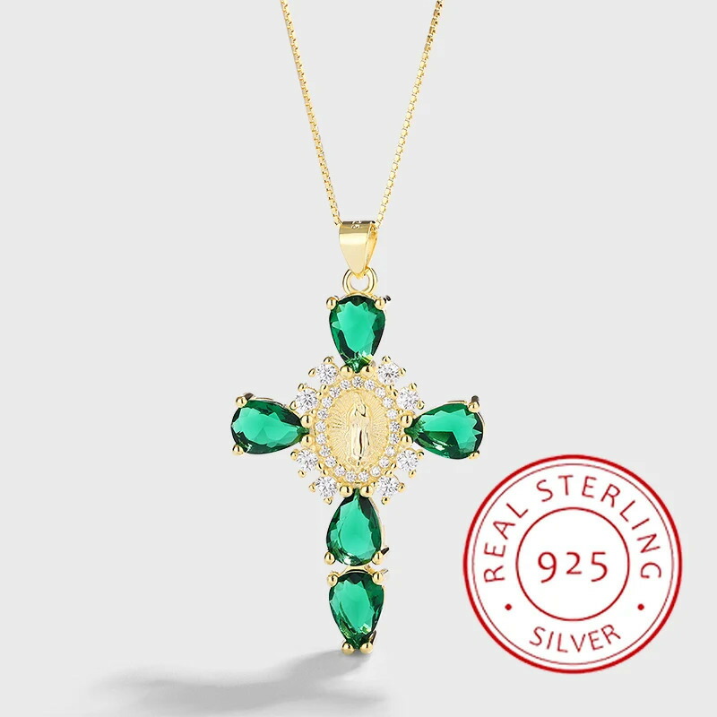【送料無料】 】 ペンダント ネックレス エメラルド ゴールド シルバー クロス レディース クラシック 贅沢 14K 5 ルビー エレガント 気質