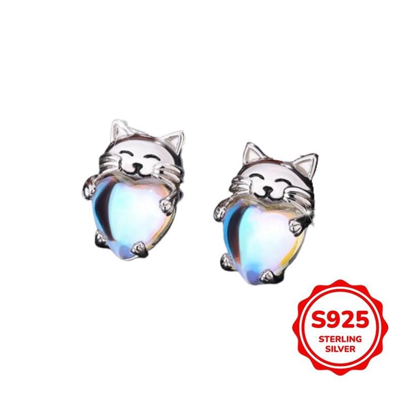 【送料無料】 ピアス キュート S925 シルバー ムーンストーン キャット スタッド レディース 女性 イヤリング アクセサリー ジュエリー ジルコン 記念日｜FineJewelrys