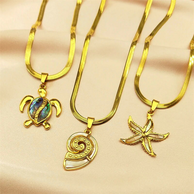 【送料無料】 】 ペンダント ネックレス 動物 アニマル ステンレス フィッシュ ゴールド チェーン アワビ シェル 魚 星 レディース 貝殻 カメ かめ 亀 タートル デビル スター スチール カラー 巻き貝 ジュエリー ギフト