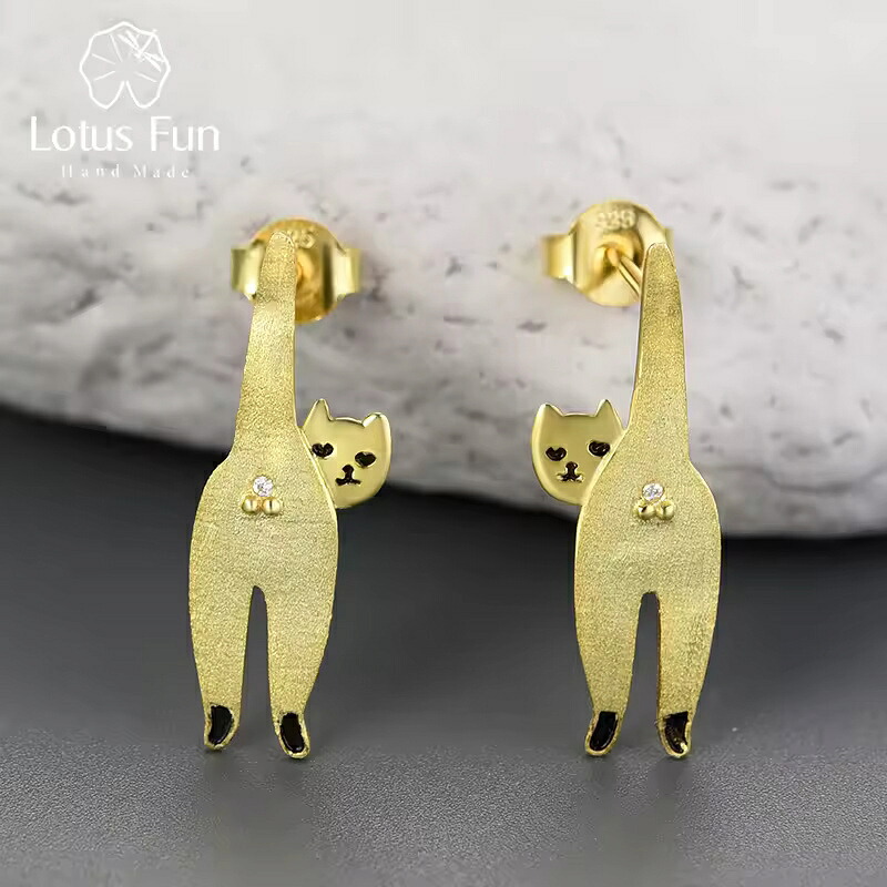 【送料無料】 ピアス レディース 18Kゴールド ユニーク ロング いたずら 子猫 猫 モダン スタッドピアス オリジナル ジュエリー 925スターリングシルバー