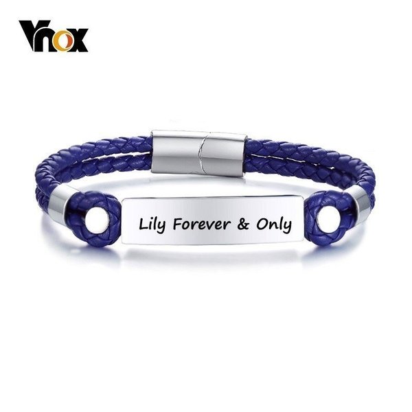 ブレスレット 本革 レザー ダブル ロゴ ネーム 名前 フリー パーソナライズ メンズ Id バングル ステンレス バー カスタム