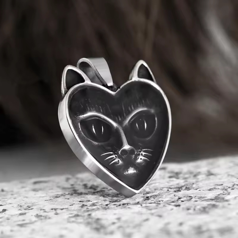 【送料無料】 ペンダント ネックレス 刻印 ステンレス スチール ハート キャット ヘッド キュート ファッション ヴィンテージ メンズ レディース 女性
