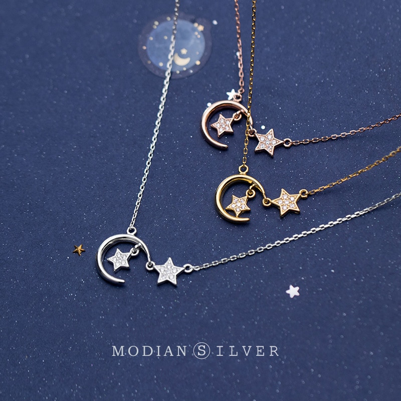 【送料無料】 】 ペンダント ネックレス シルバー 星 スター ジルコニア 月 レース レディース 女性 純正 スターリング 925 眩しい ジルコン ムーン ファッション 3 カラー ファイン ジュエリー