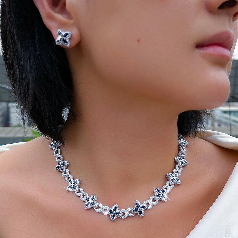 【送料無料】 ピアス ペンダント ネックレス ジオメトリック ブルー ジルコン フラワー レディース 女性 ウェディング パーティー ジュエリー イヤリング｜FineJewelrys