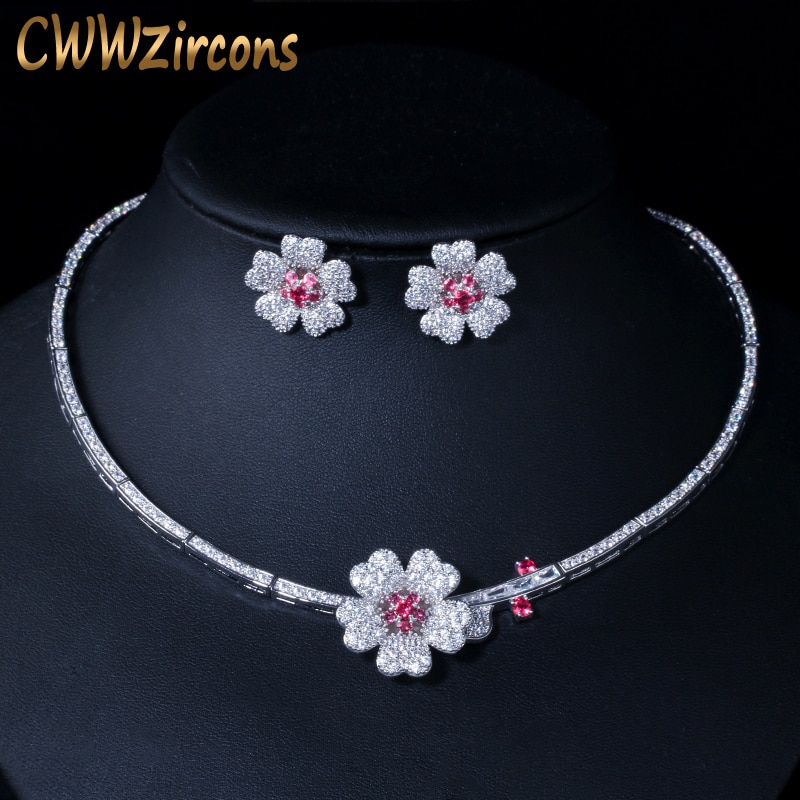 【送料無料】 】 ピアス ネックレス 赤 レッド クリスタル 花 フラワー ブライダル ジルコニア レース レディース 女性 CZ ローズ チョーカー ジュエリー セット 結婚式 ウェディング ドレス アクセサリー