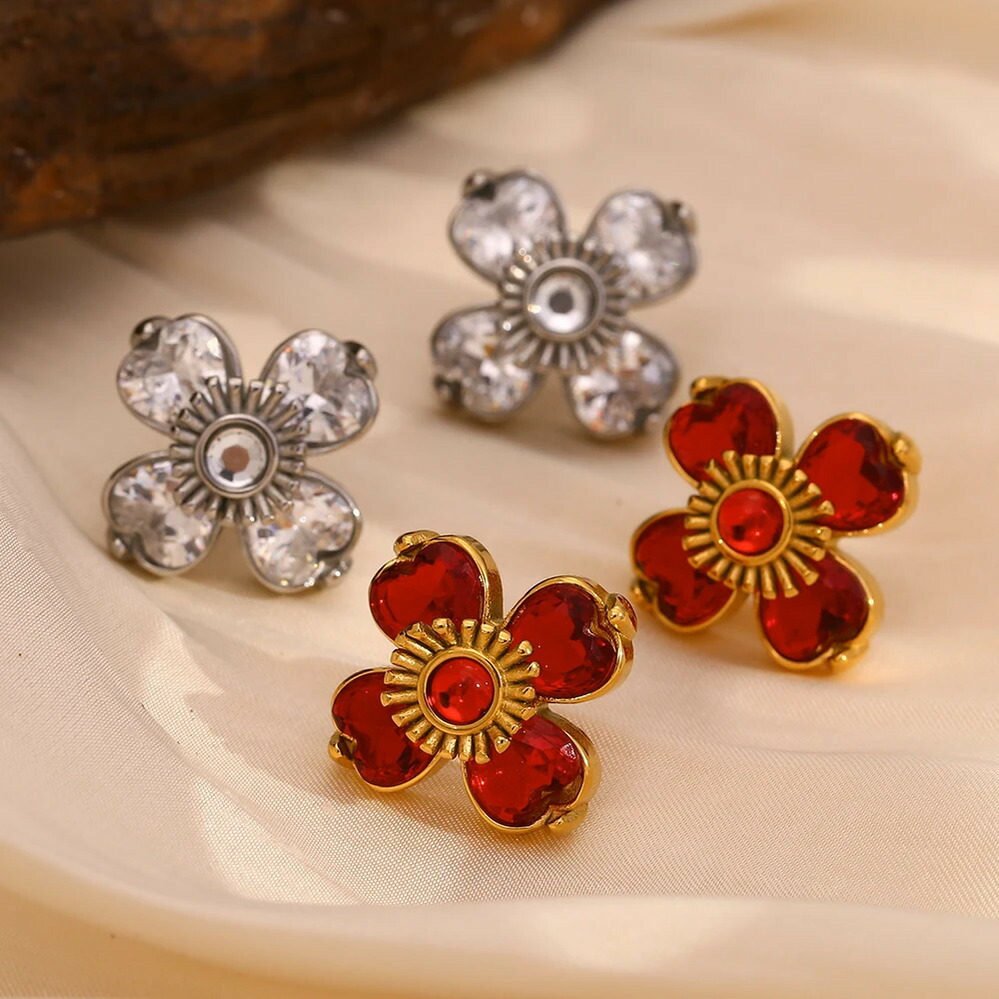 【送料無料】 】 チャーム ピアス 花 フラワー ジルコニア ステンレス ゴールド クリア レッド ジルコン スタッド 18K プレート スチール ガール パーティ フェスティバル ギフト 防水