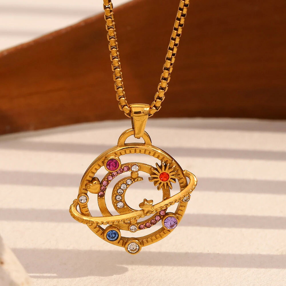 【送料無料】 】 ネックレス ラインストーン ステンレス ゴールド 月 星 カラフル ムーン スター 惑星 スチール 18K プレート ファッション ジュエリー ガール