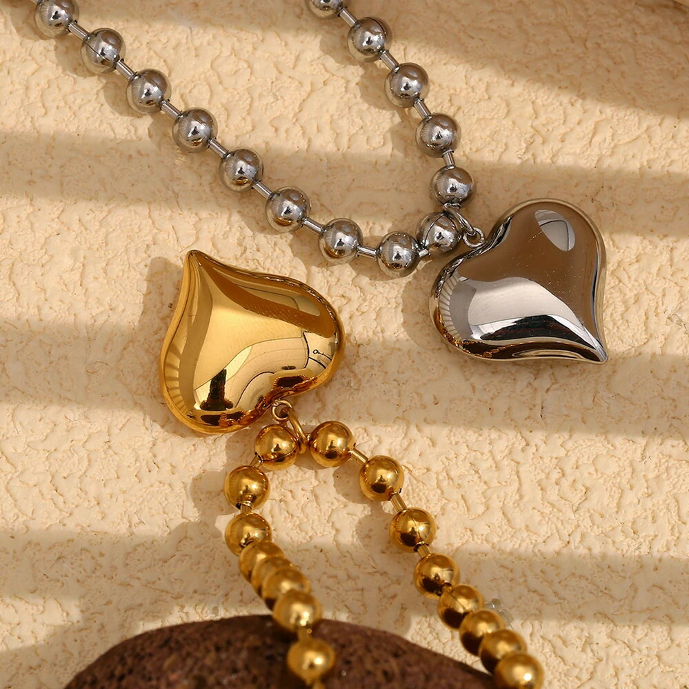 【送料無料】 】 ペンダント ネックレス ステンレス ゴールド ハート ビーズ レディース 光沢 18K プレート スチール ファッション ジュエリー