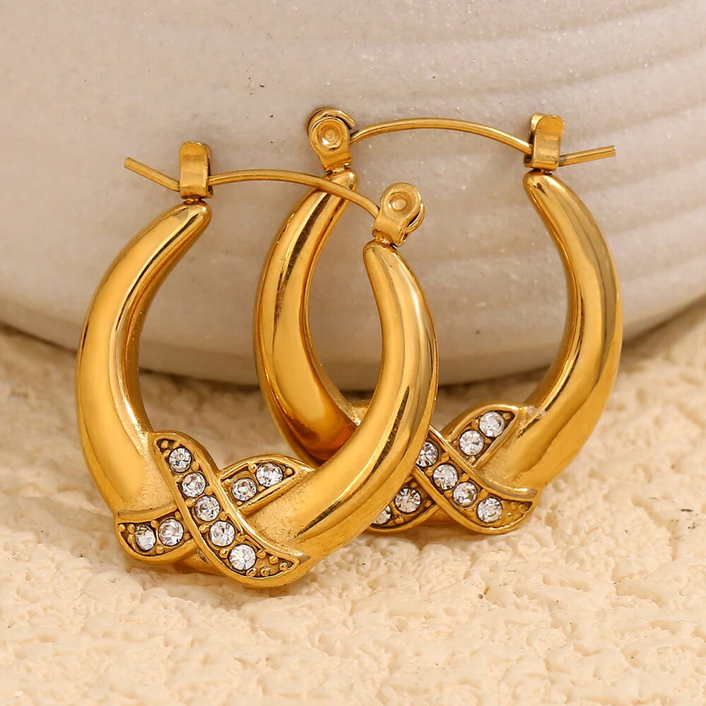 【送料無料】 】 ピアス ラインストーン ステンレス ゴールド クロス フープ X レディース 新しい デザイン 贅沢 18K プレート スチール パーティ ファッション ジュエリー 4,158円