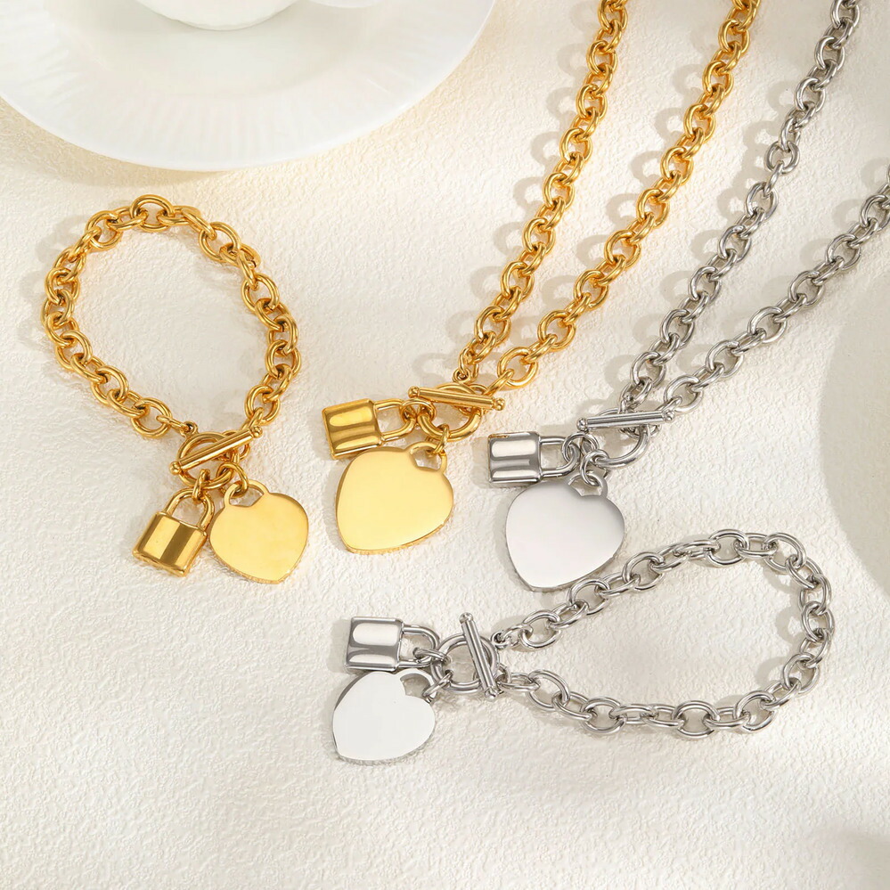 【送料無料】 】 ペンダント ブレスレット ネックレス ステンレス ハート LOVE レディース スチール セット Love ロック アクセサリー ハンド ネック ジュエリー ギフト ママ