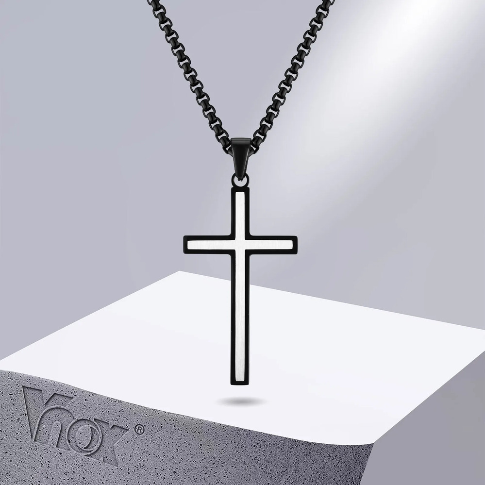 【送料無料】 】 ペンダント ネックレス 黒 ブラック ステンレス クロス メンズ ダブル レイヤー 氷河 スチール 宗教的 信仰 フェイス 祈り ギフト ジュエリー