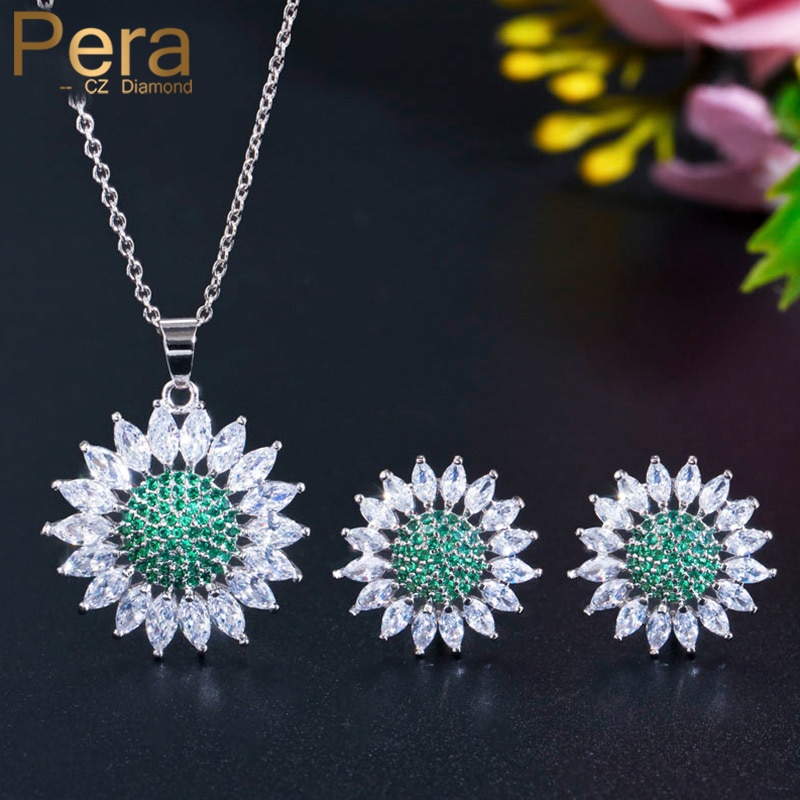 【送料無料】 】 ピアス ネックレス 白 ホワイト 緑 グリーン 花 フラワー ジルコニア レディース 女性 トップ 品質 ファッション 素晴らしい ジュエリー セット 大 太陽 ジルコン パーティ